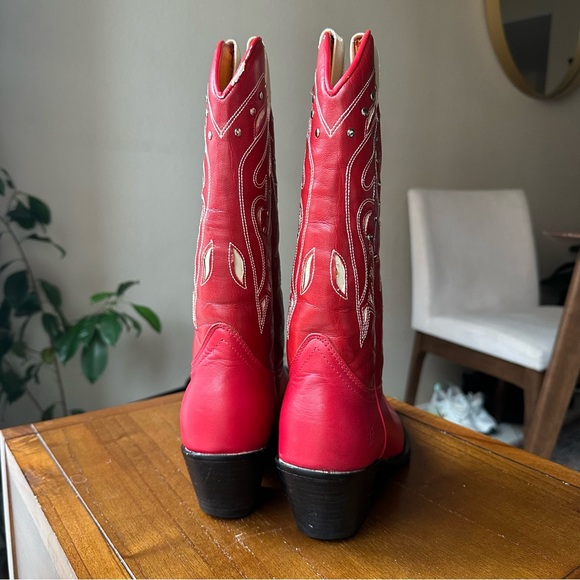 Vtg Frye Daisy Duke Studded Western Boots Women 7 M Red Snip Toe Cowboy - Picture 5 of 15